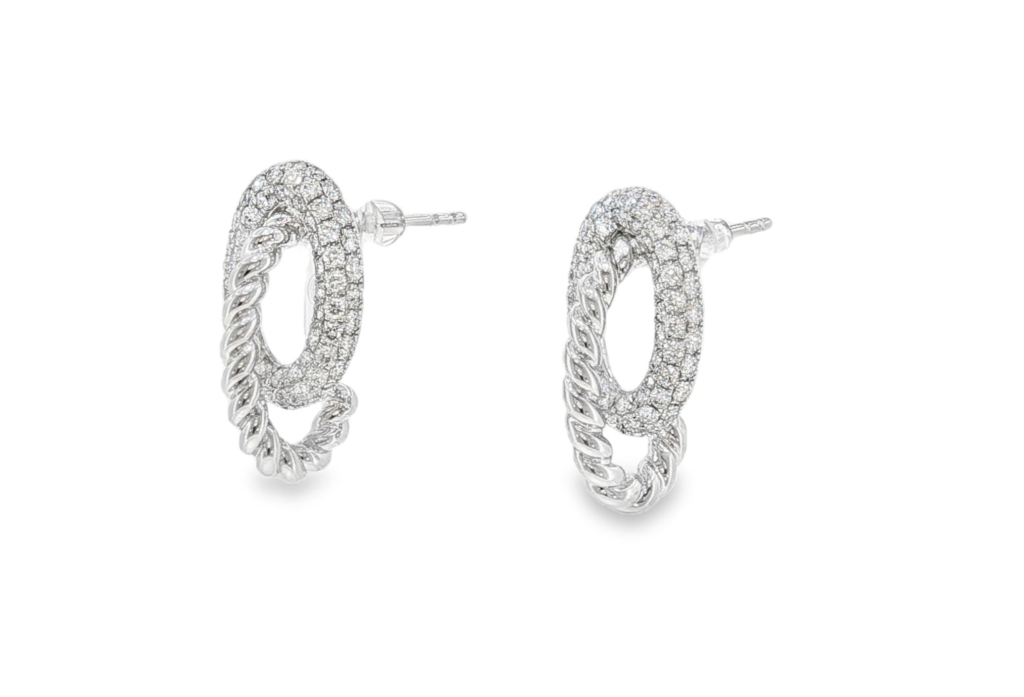 Pavé Oval & Rope Link Diamond Stud Earrings-Bijoux Village Fine Jewellers