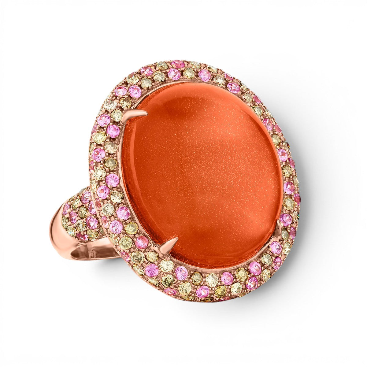 Oval Cabochon Carnelian Ring with Pink & Green Pave Set Tourmalines in Rose Gold-18 Karat-Bijoux Village Fine Jewellers
