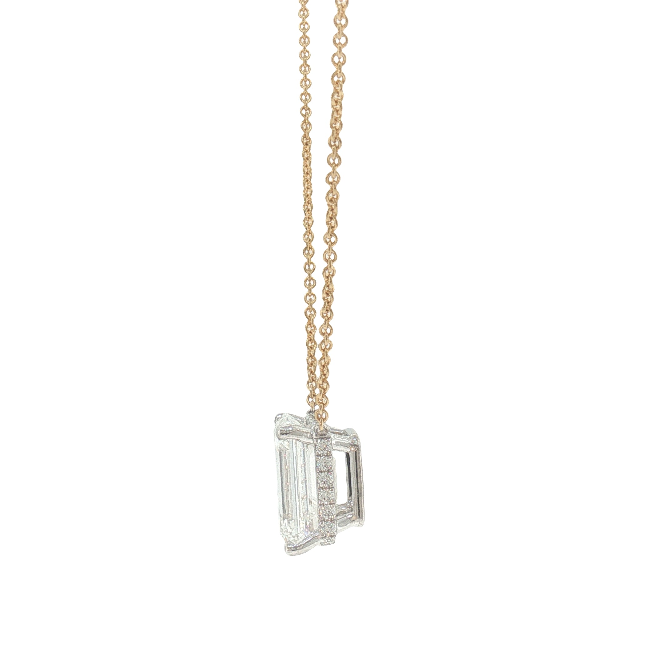 5.04 CT Emerald-Cut Lab-Grown Diamond Hidden Halo Pendant in 18K White & Yellow Gold
