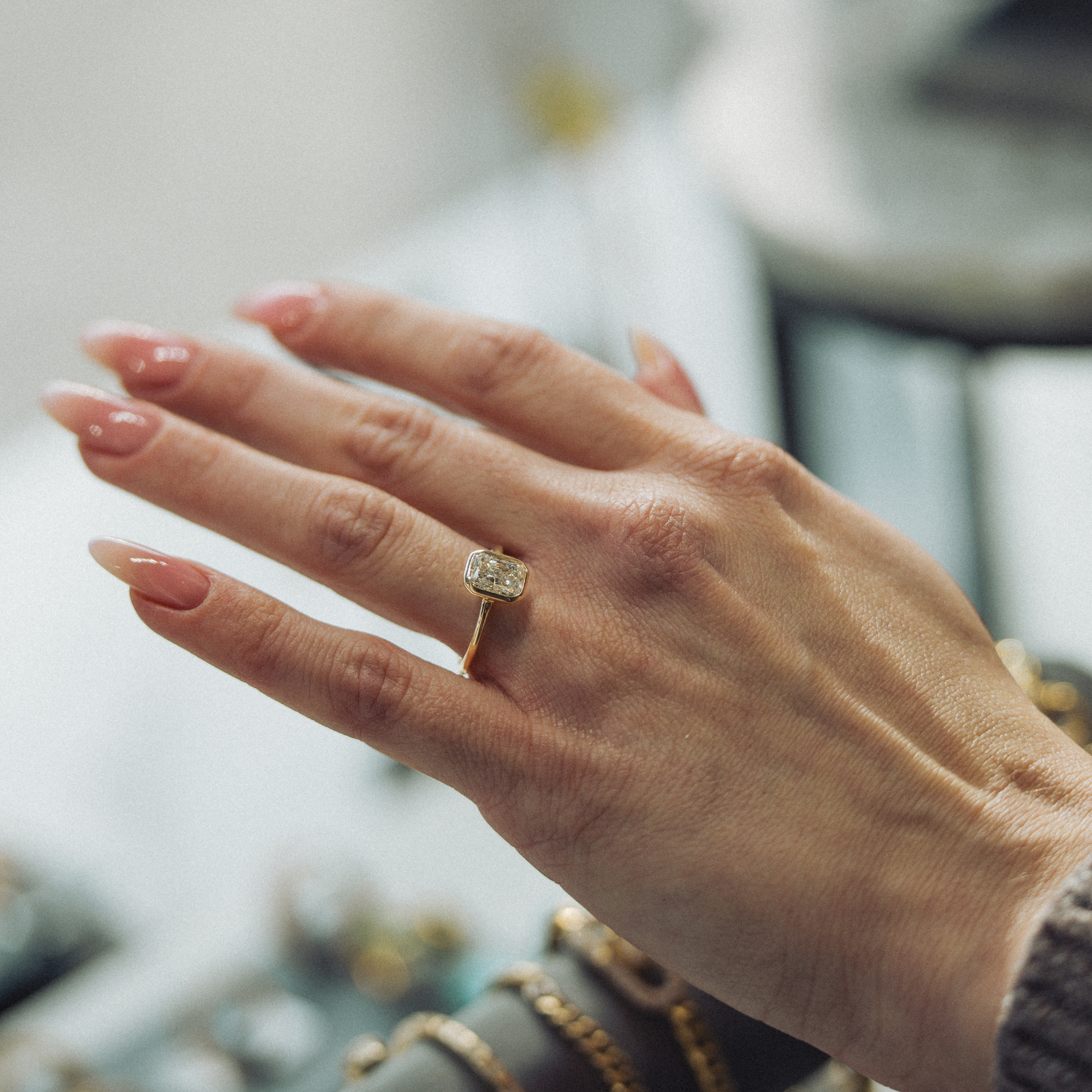 Bezel Set Radiant Cut Diamond Engagement Ring-18 Karat-Bijoux Village Fine Jewellers