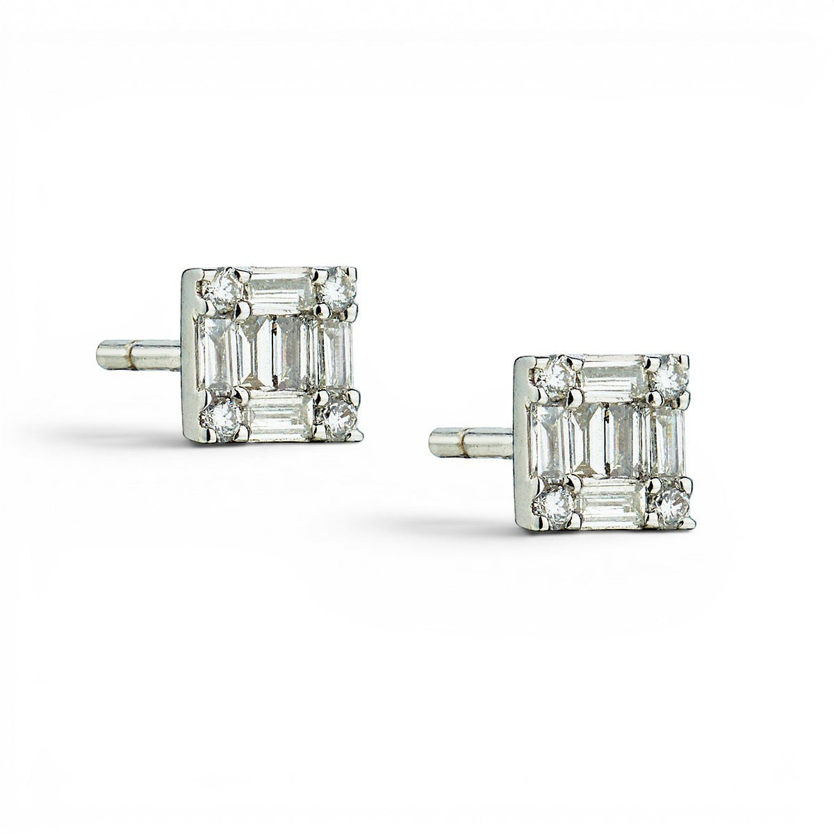 Baguette & Round Diamond Stud Earrings-Bijoux Village Fine Jewellers