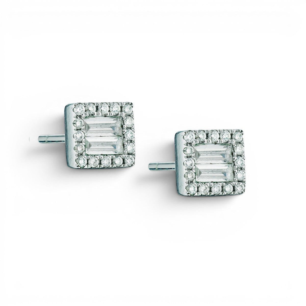 Baguette & Round Diamond Halo Stud Earrings-White Gold-Bijoux Village Fine Jewellers