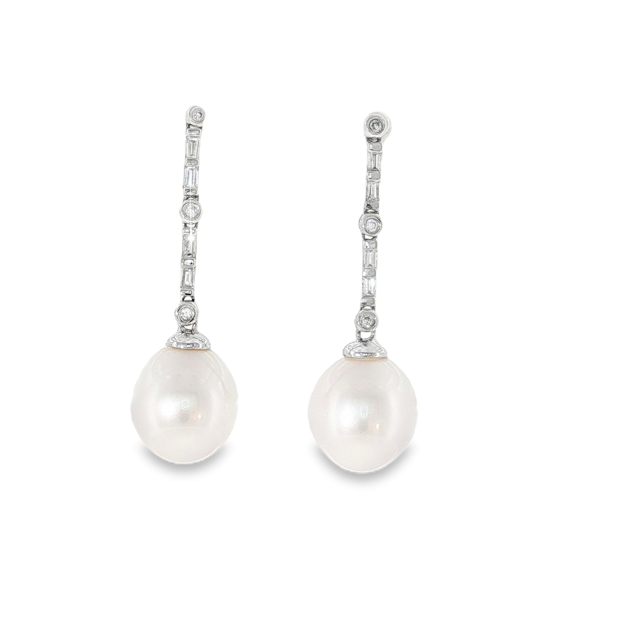 Pearl Drop Diamond Earrings – 18K White Gold | 0.50ct Round & Baguette Diamonds-Bijoux Village Fine Jewellers