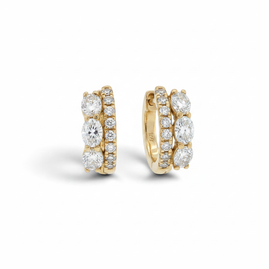 Bijoux Village Fine Jewellers 14K yellow gold huggie hoop earrings with marquise and round natural diamonds