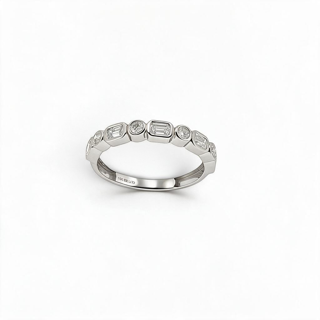 Bijoux Village Fine Jewellers 10k white gold half-eternity band with alternating baguette and round lab diamonds.