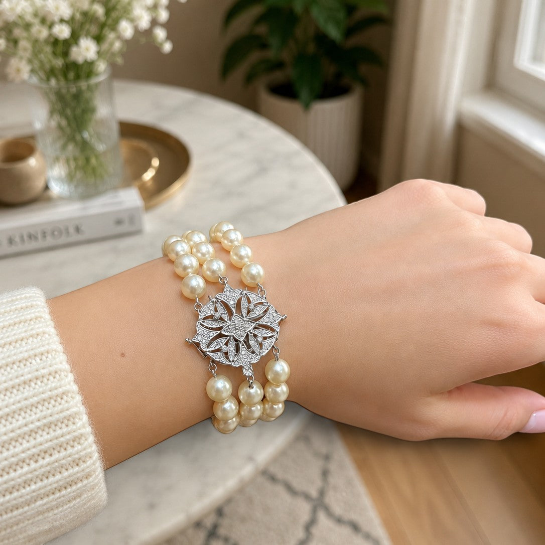 Vintage Multi-Strand Pearl Bracelet with Diamond & White Gold Clasp-Bijoux Village Fine Jewellers
