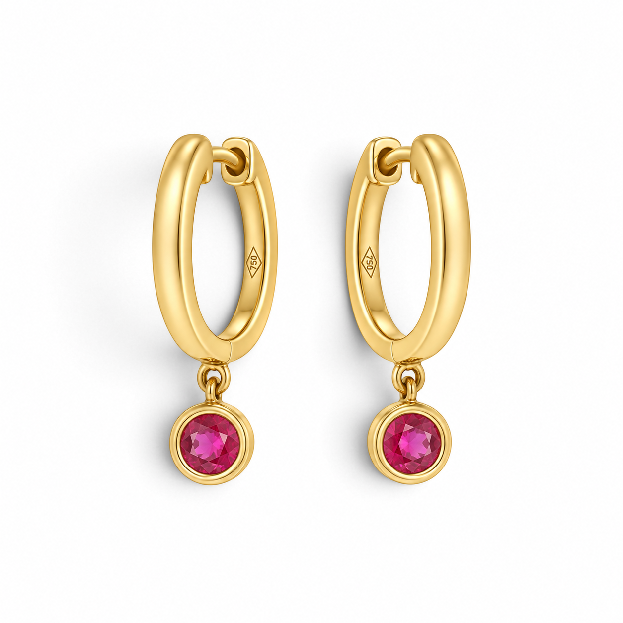 Bijoux Village Fine Jewellers 18K yellow gold huggie hoop earrings featuring round bezel-set ruby drops