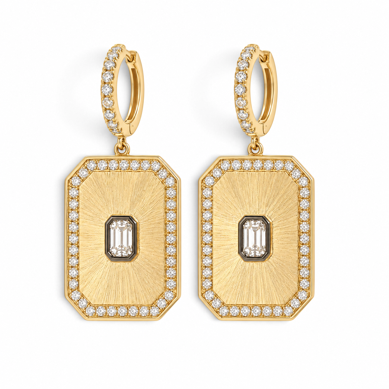 Bijoux Village Fine Jewellers 14K yellow gold huggie drop earrings with geometric textured gold and diamond accents.