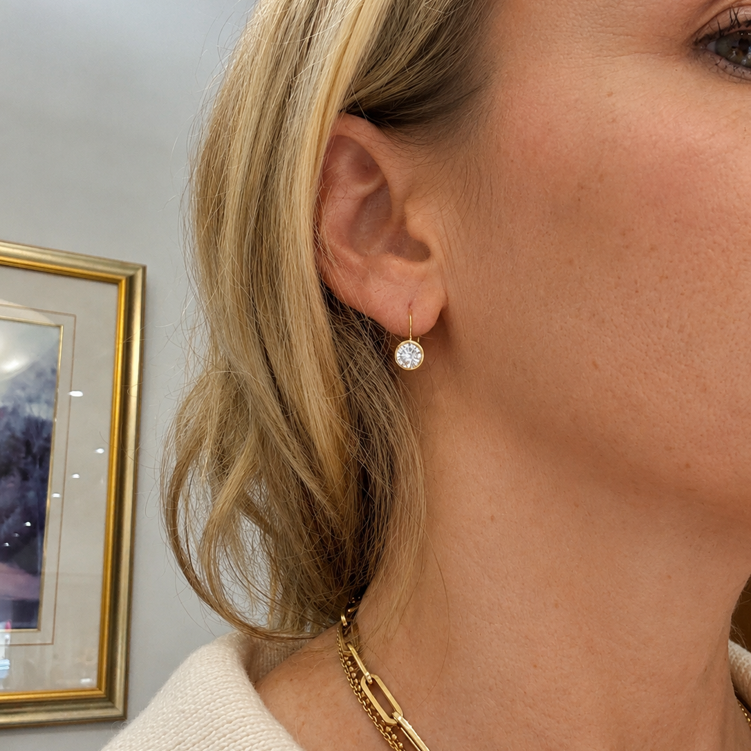 14K Yellow Gold Bezel-Set Round Brilliant Diamond Leverback Earrings-Bijoux Village Fine Jewellers