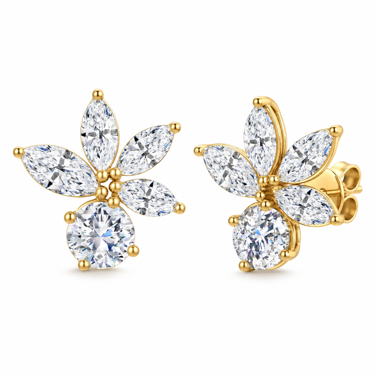 3.01 CT TW Marquise & Round Natural Diamond Floral Stud Earrings in 18K Yellow Gold-Bijoux Village Fine Jewellers