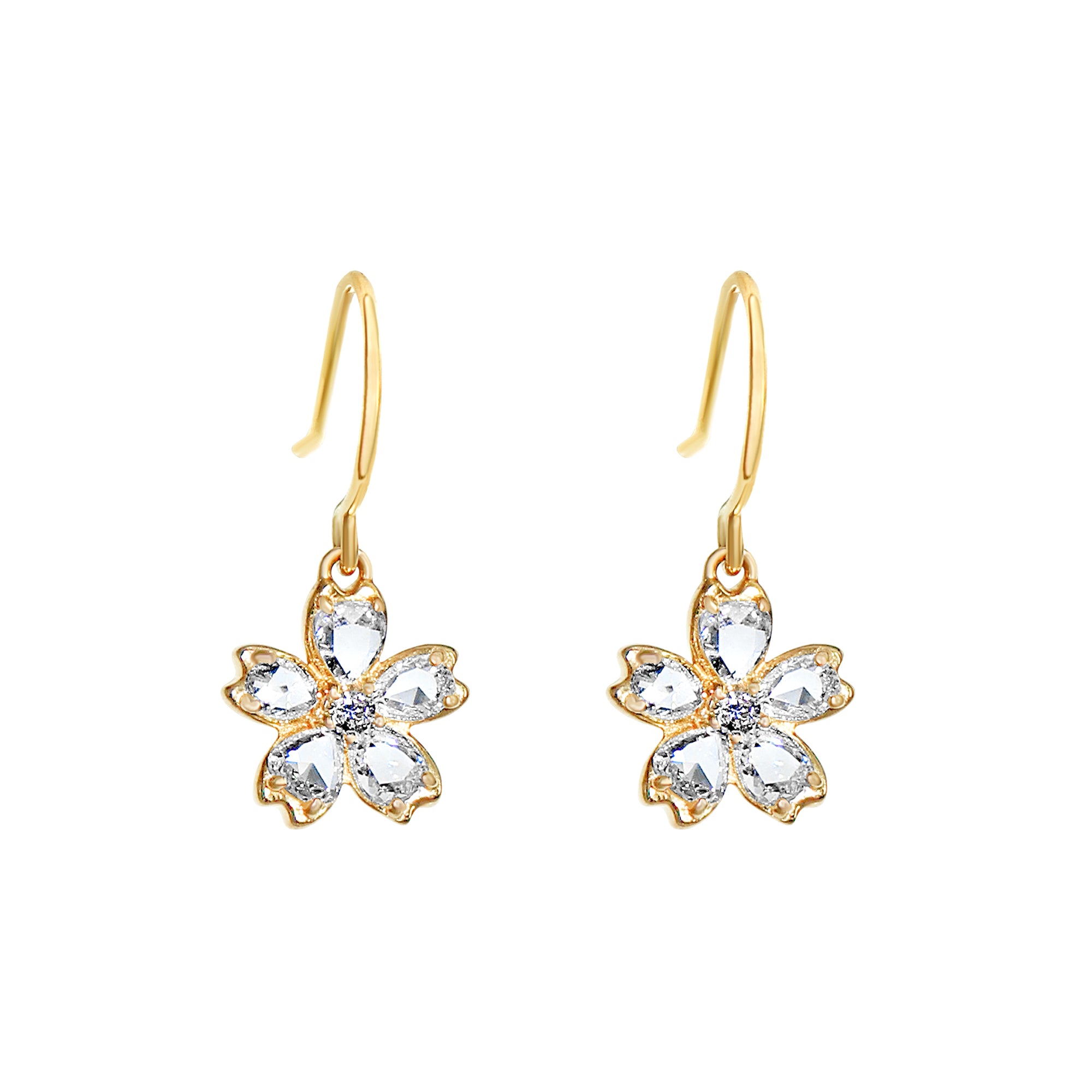 Yellow Gold Floral Diamond Drop Earrings-Diamond-Bijoux Village Fine Jewellers