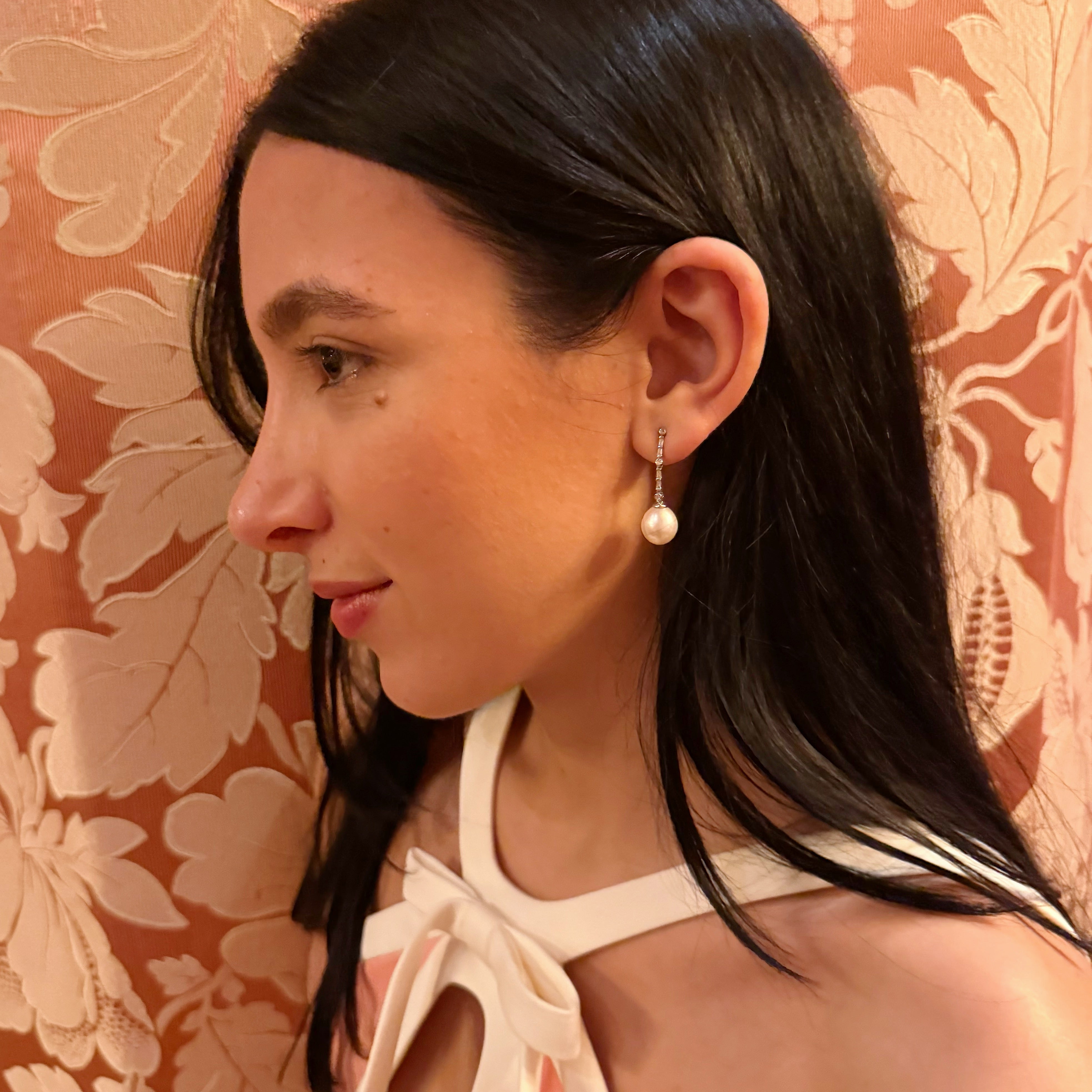 Pearl Drop Diamond Earrings – 18K White Gold | 0.50ct Round & Baguette Diamonds-Bijoux Village Fine Jewellers