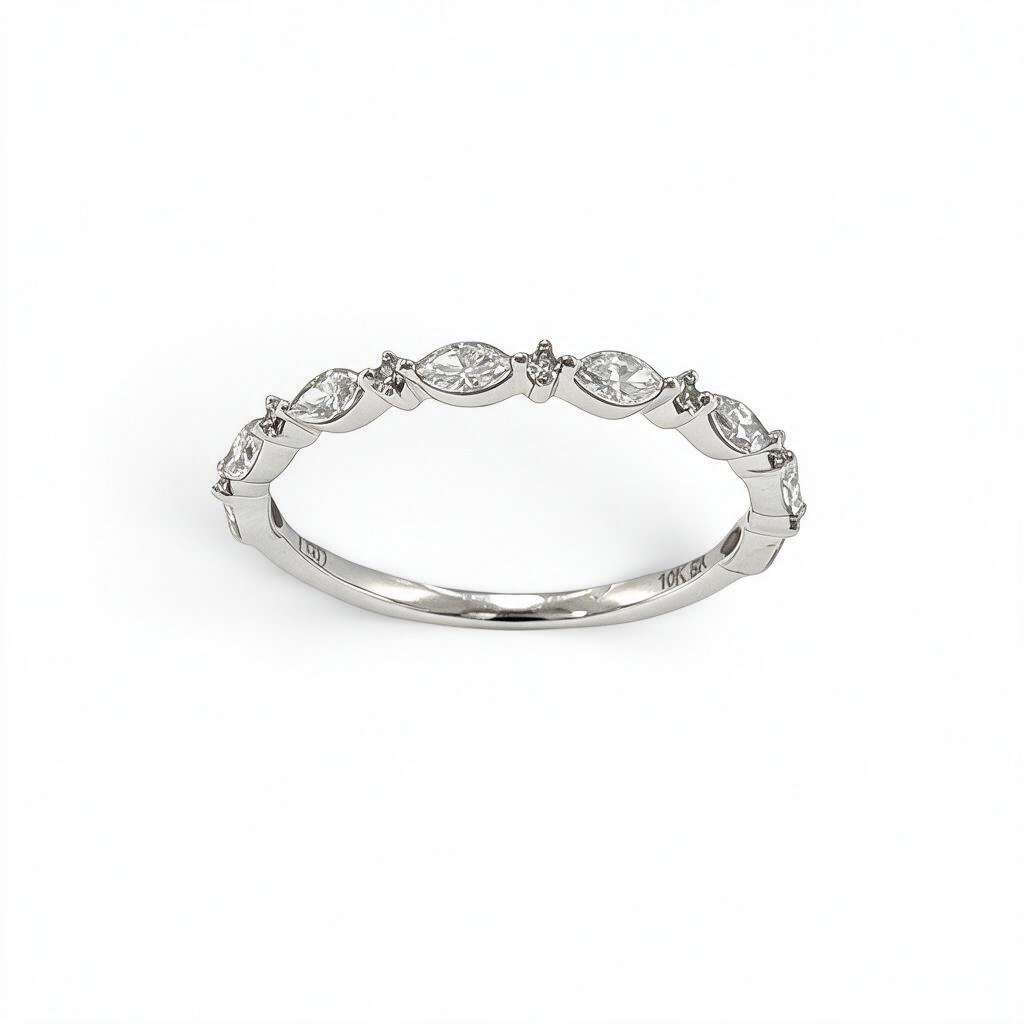 Bijoux Village Fine Jewellers 10K white gold half-eternity band with alternating marquise and round lab-grown diamonds.