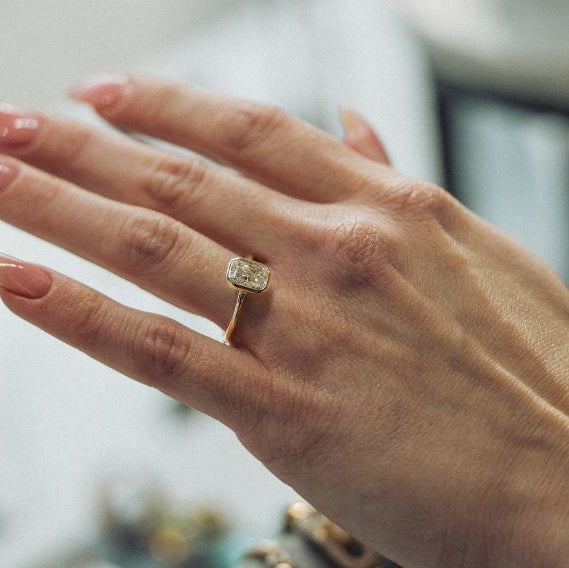 Bezel Set Radiant Cut Diamond Engagement Ring-18 Karat-Bijoux Village Fine Jewellers