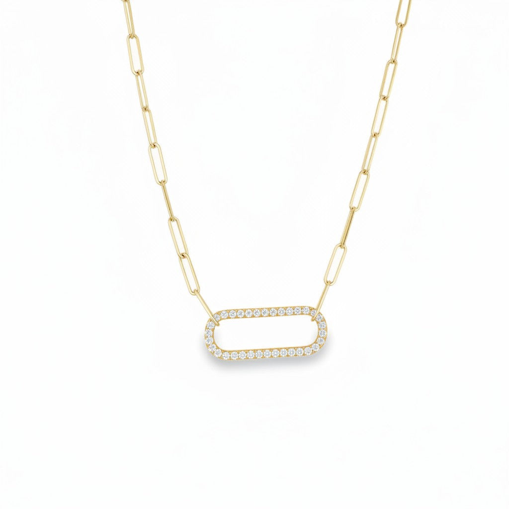 Bijoux Village Fine Jewellers 18K yellow gold paperclip necklace with diamond-adorned geometric link.