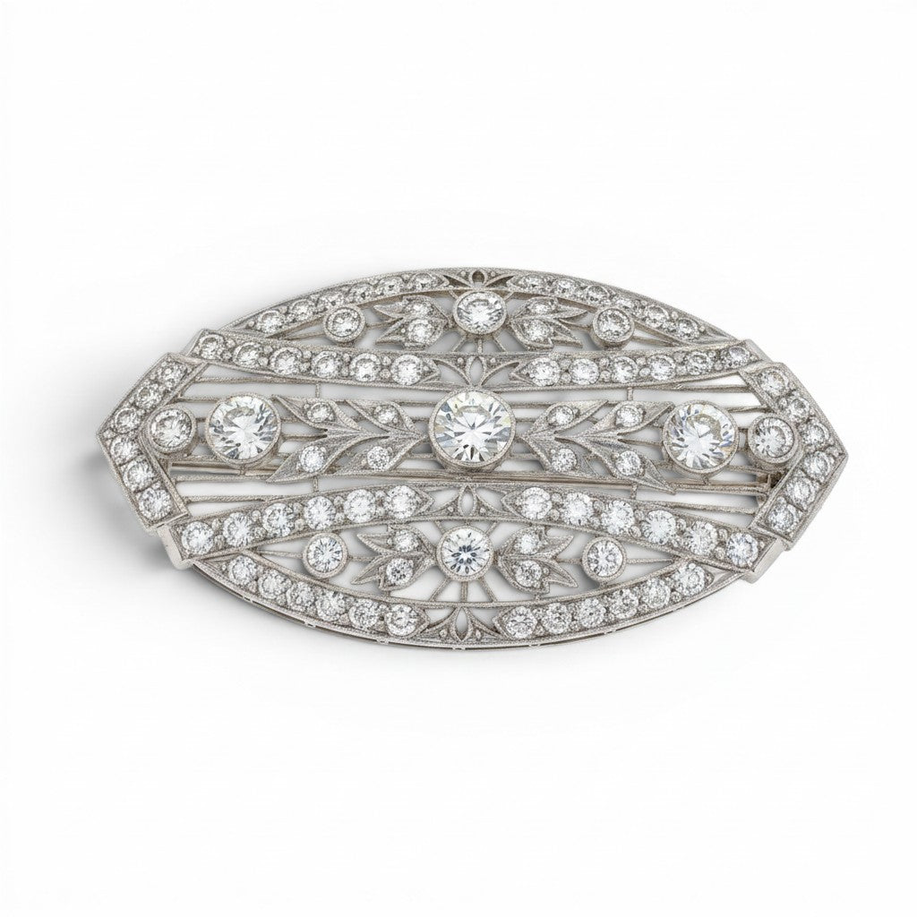 Art Deco Diamond Filigree Brooch in 14K White Gold-Bijoux Village Fine Jewellers