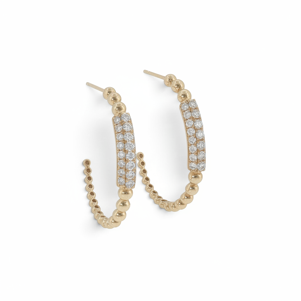 14K Yellow Gold Diamond Beaded Hoop Earrings-Bijoux Village Fine Jewellers