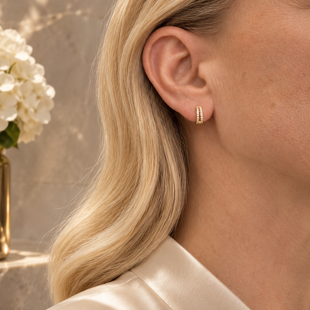 18K Yellow Gold Beaded Natural Diamond Huggie Hoops – 0.22 CTW-Bijoux Village Fine Jewellers