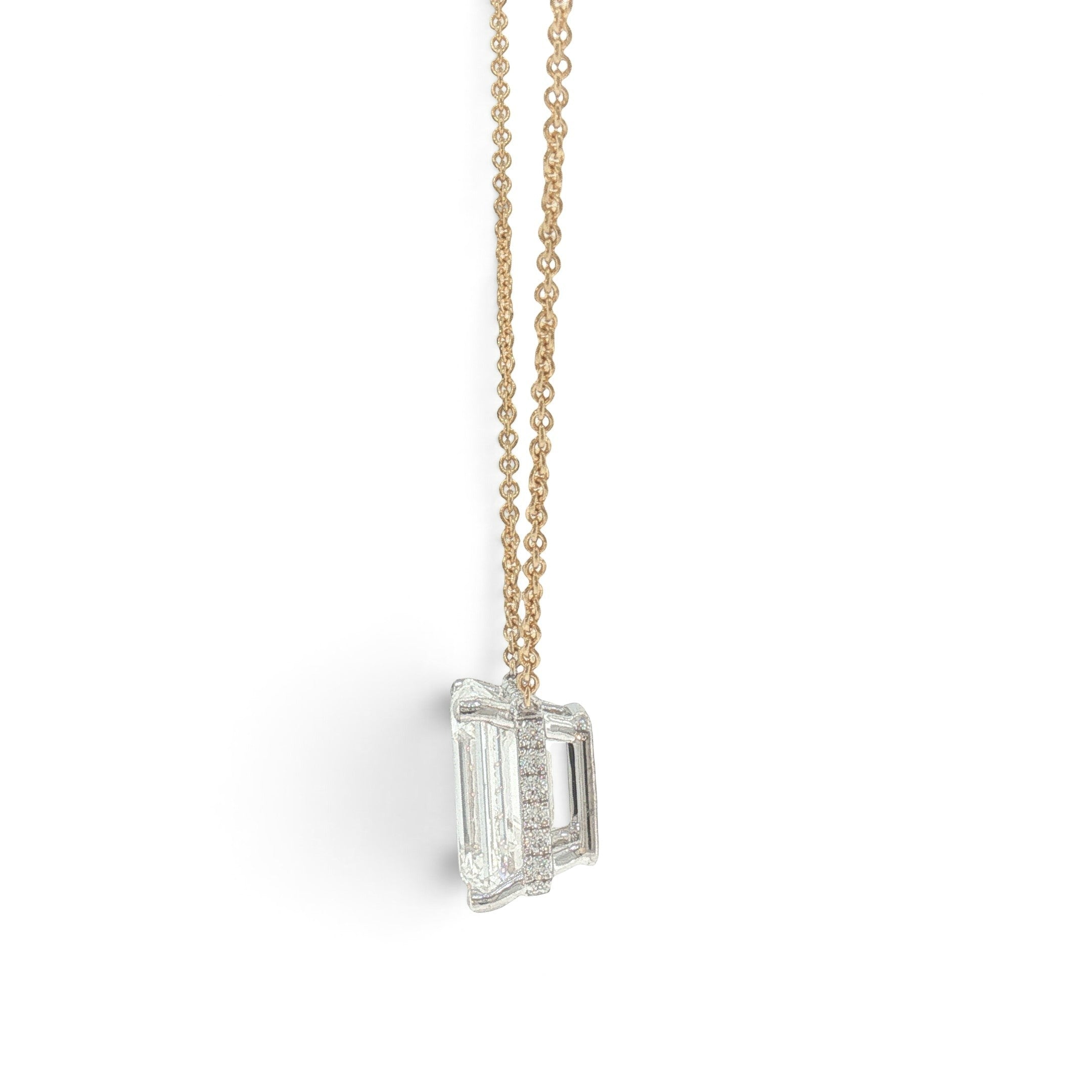 5.04 CT Emerald-Cut Lab-Grown Diamond Hidden Halo Pendant in 18K White & Yellow Gold-Bijoux Village Fine Jewellers