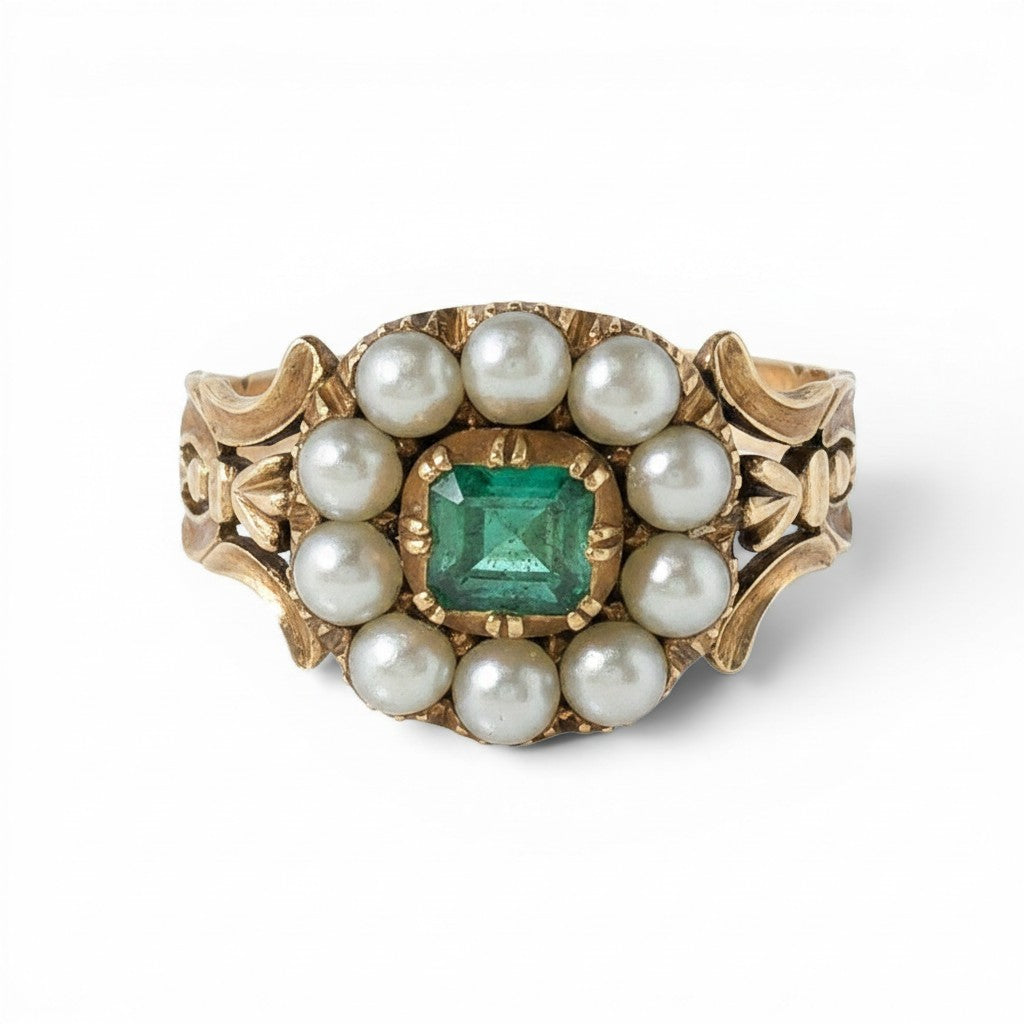 10K Yellow Gold Antique Emerald & Pearl Ring-Bijoux Village Fine Jewellers