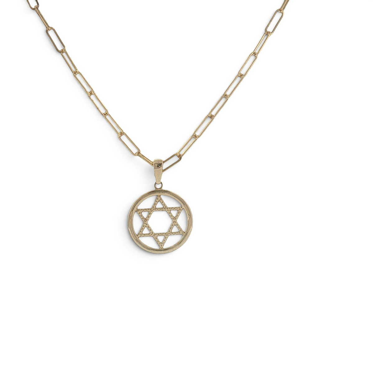 Bijoux Village Fine Jewellers 10K yellow gold Star of David pendant with an openwork design in a circular frame.