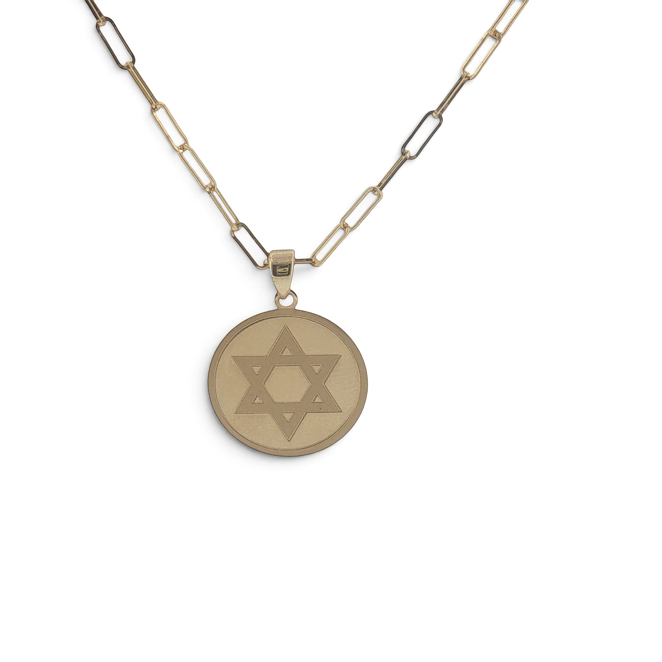 Bijoux Village Fine Jewellers 10K yellow gold disc pendant featuring an engraved Star of David on a gold chain