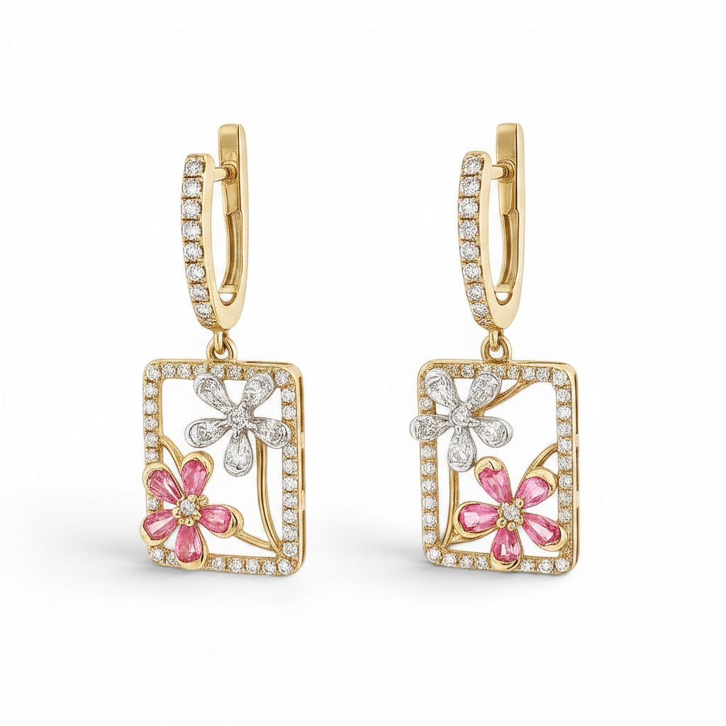 Bijoux Village Fine Jewellers 14K yellow gold floral drop earrings with pink sapphires and pavé diamonds.