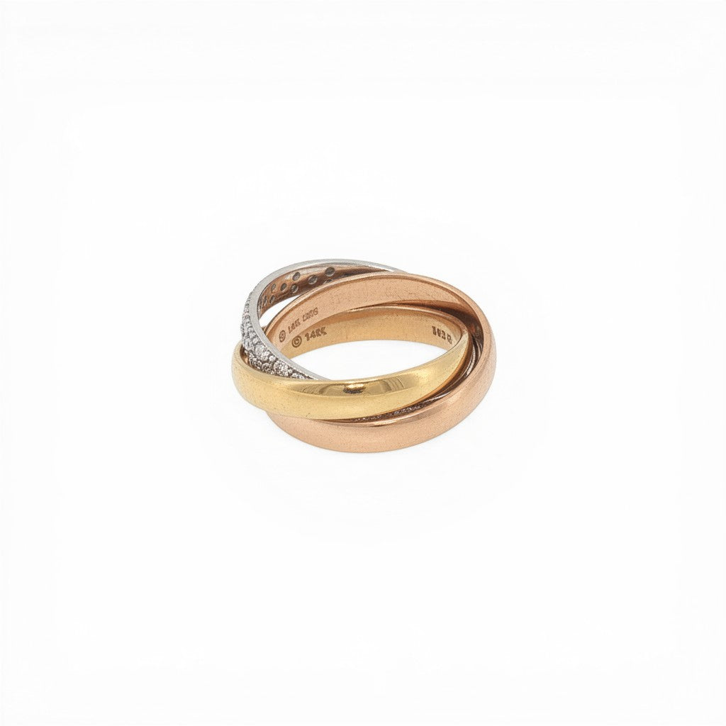 14K Tri-Colour Gold Rolling Ring with 1.0 CT Pavé Diamonds-Bijoux Village Fine Jewellers