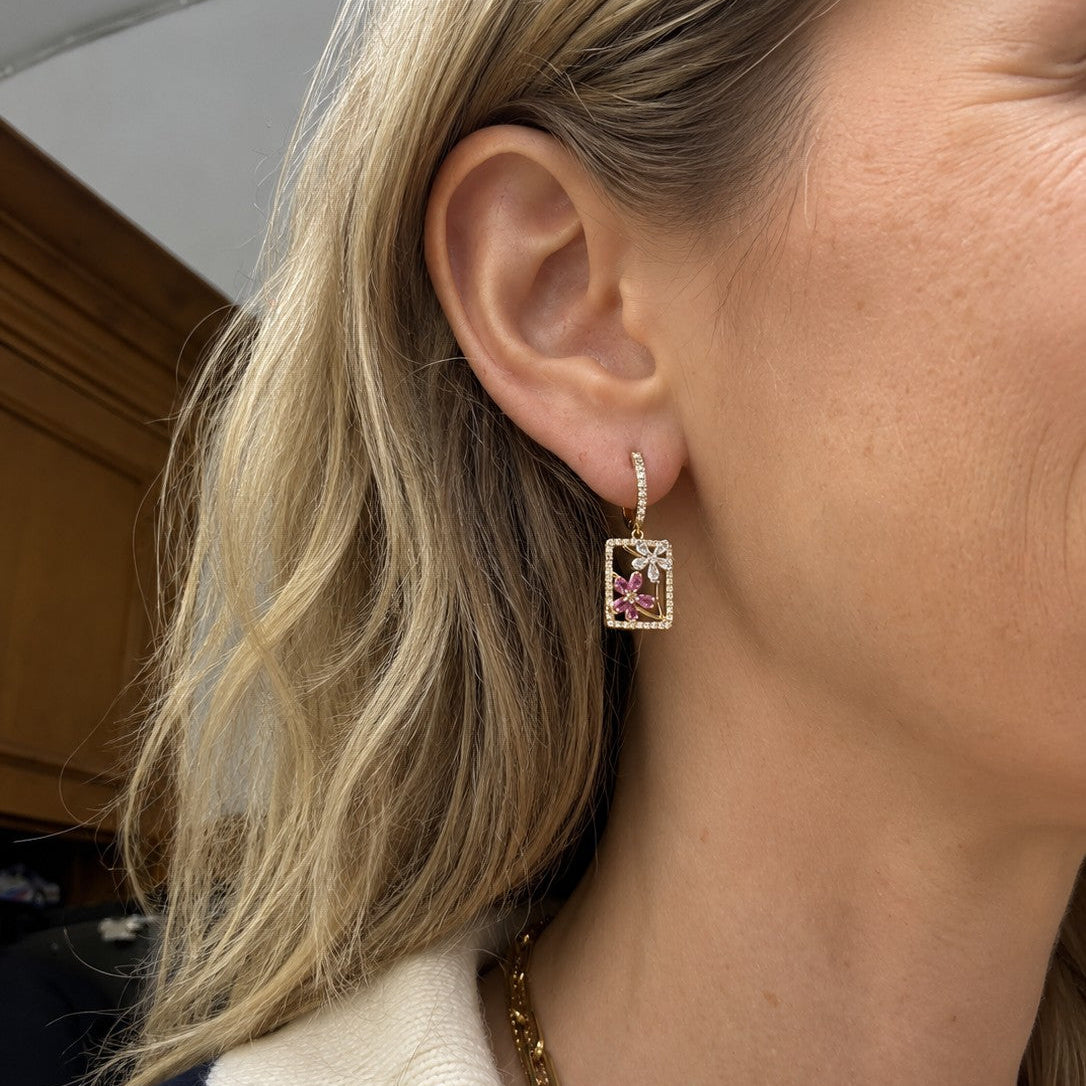 Pink Sapphire & Diamond Floral Drop Earrings-Bijoux Village Fine Jewellers