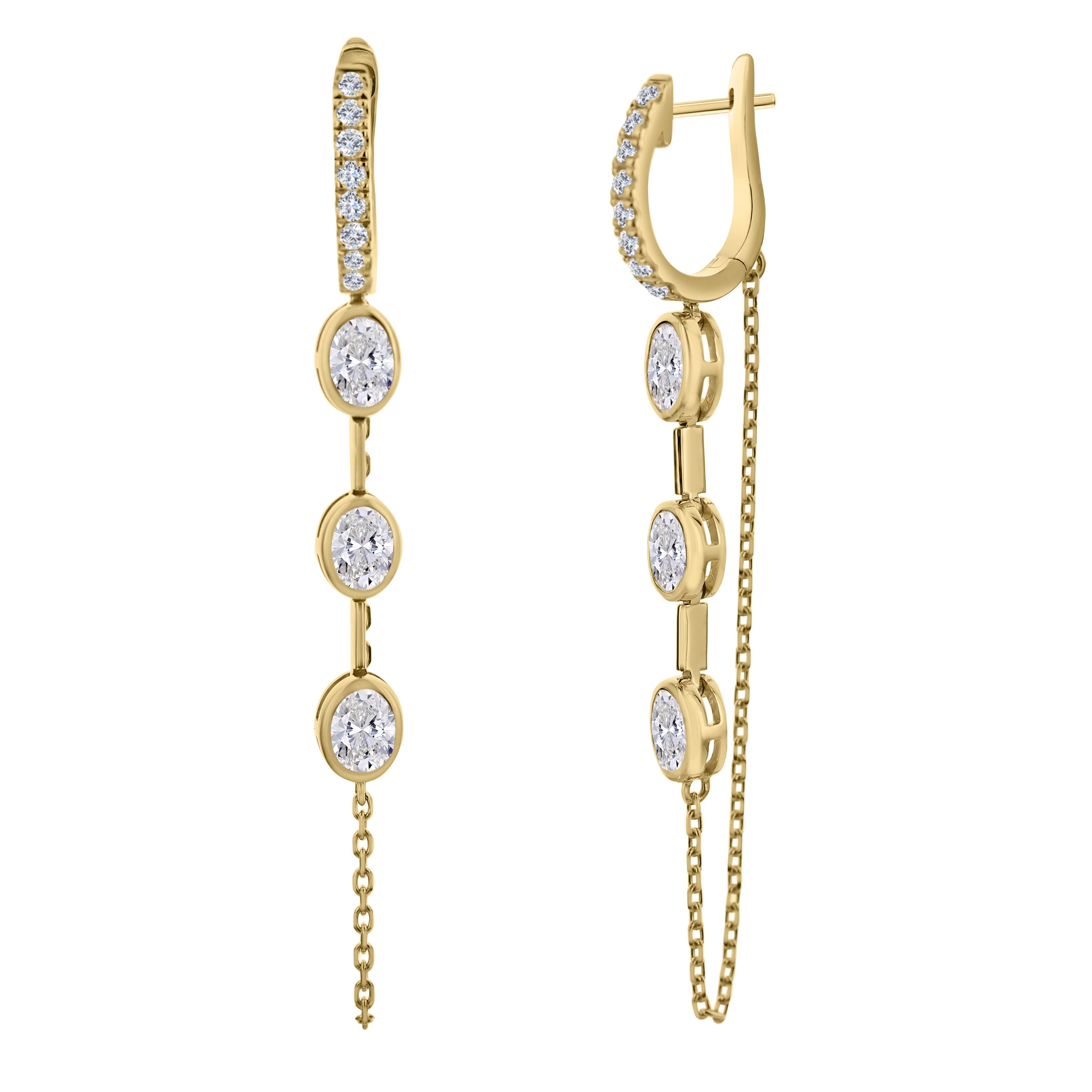 Oval Diamond Bezel Drop Chain Earrings