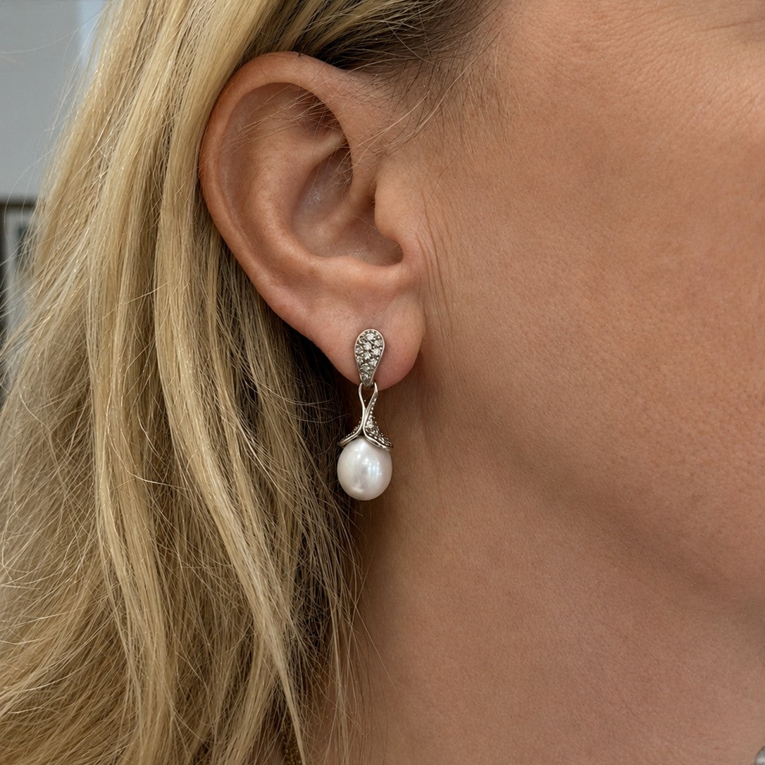 Diamond & Natural Pearl Drop Earrings-Bijoux Village Fine Jewellers
