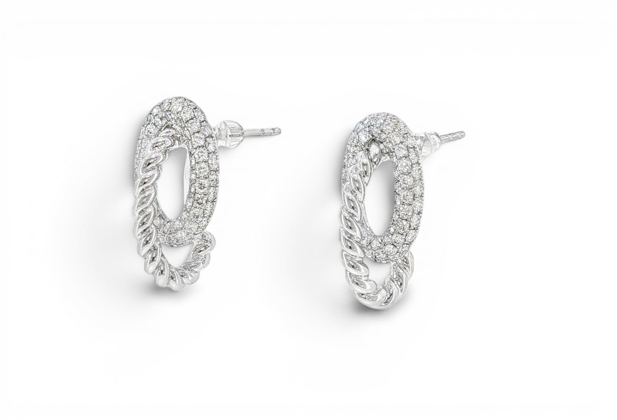 Pavé Oval & Rope Link Diamond Stud Earrings-Bijoux Village Fine Jewellers