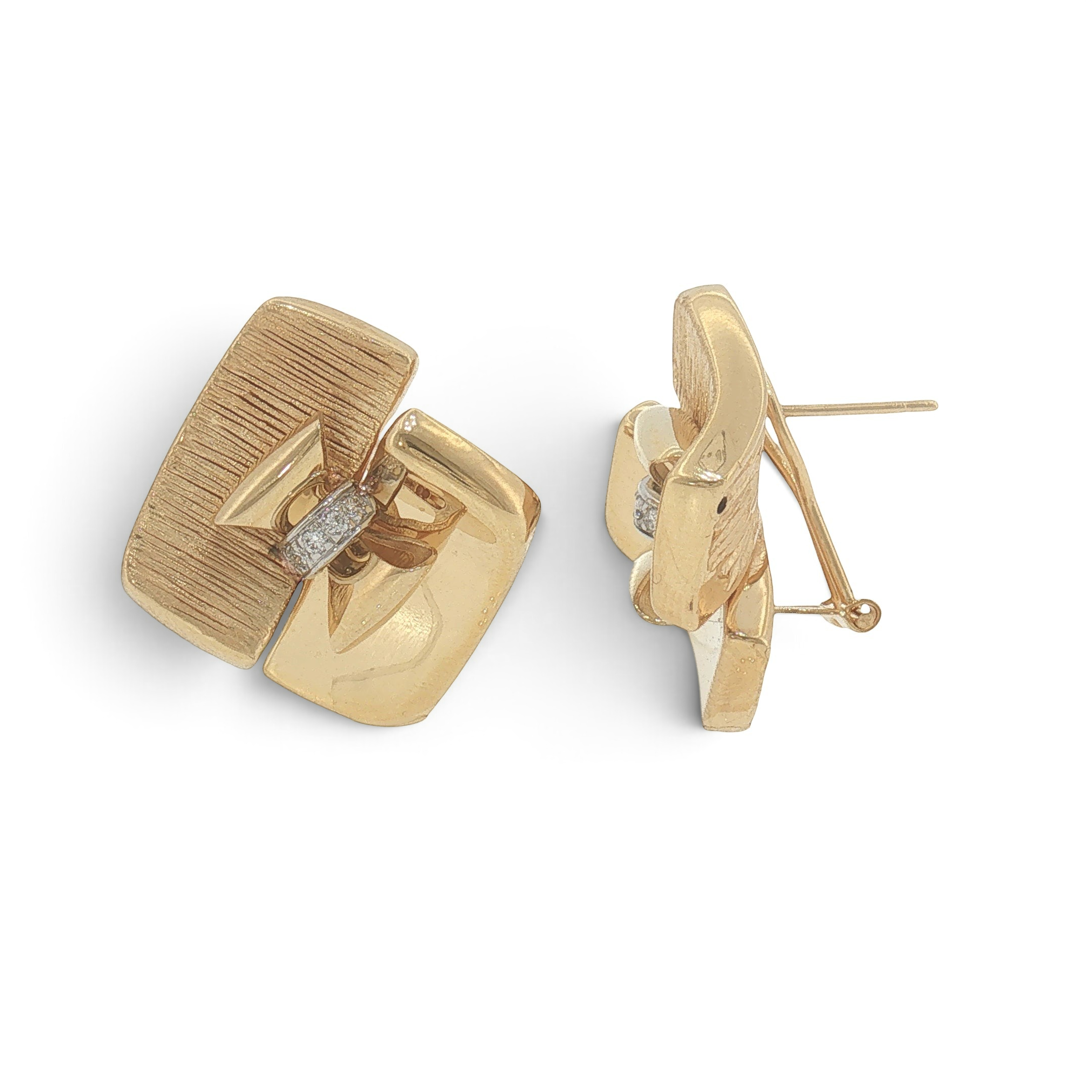 Bijoux Village Fine Jewellers 14K yellow gold button earrings with textured finish and diamond accents.