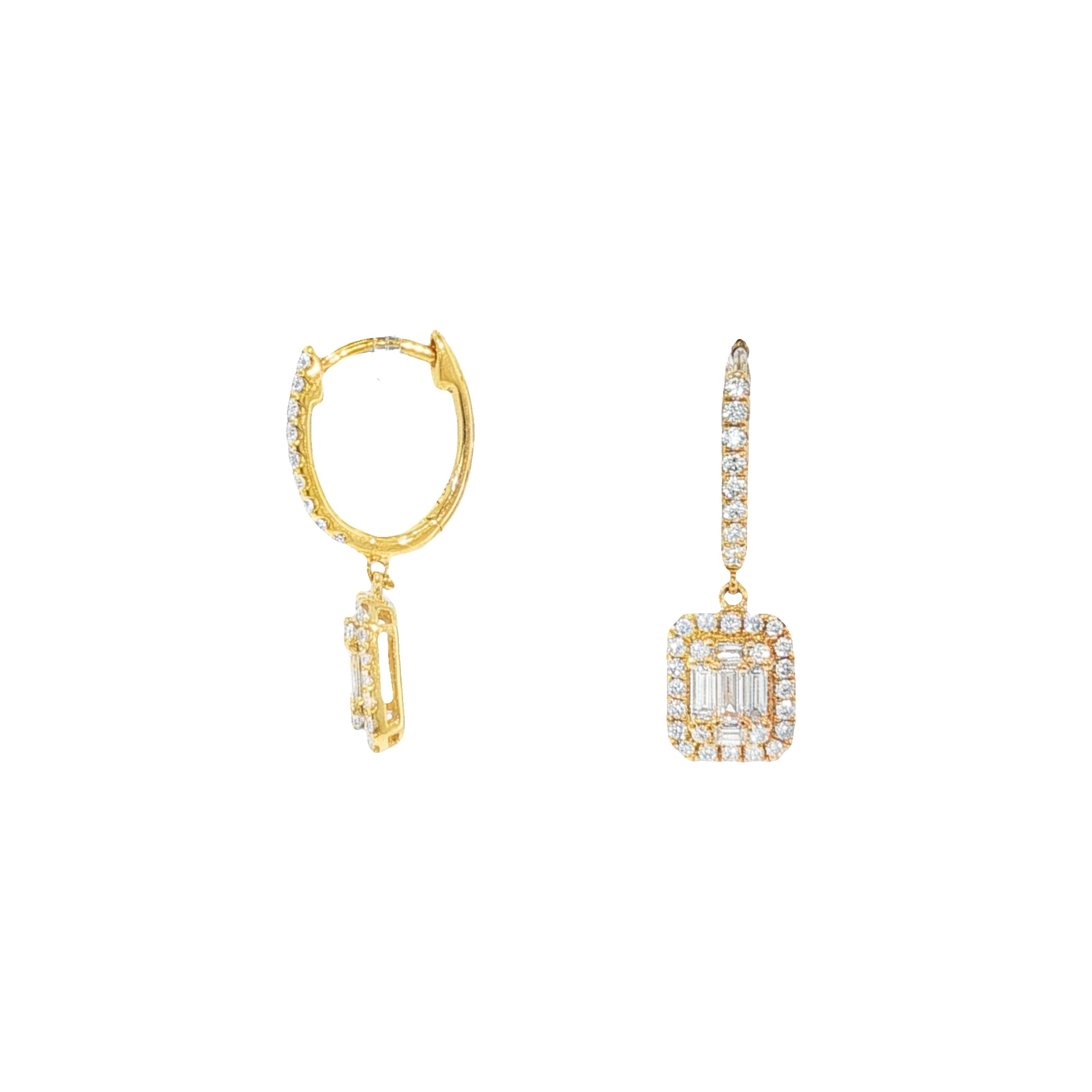 Emerald Cut Diamond Halo Drop Earrings - 1.00 CTs-Bijoux Village Fine Jewellers