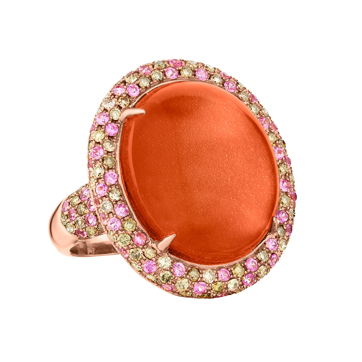 Oval Cabochon Carnelian Ring with Pink & Green Pave Set Tourmalines in Rose Gold-18 Karat-Bijoux Village Fine Jewellers