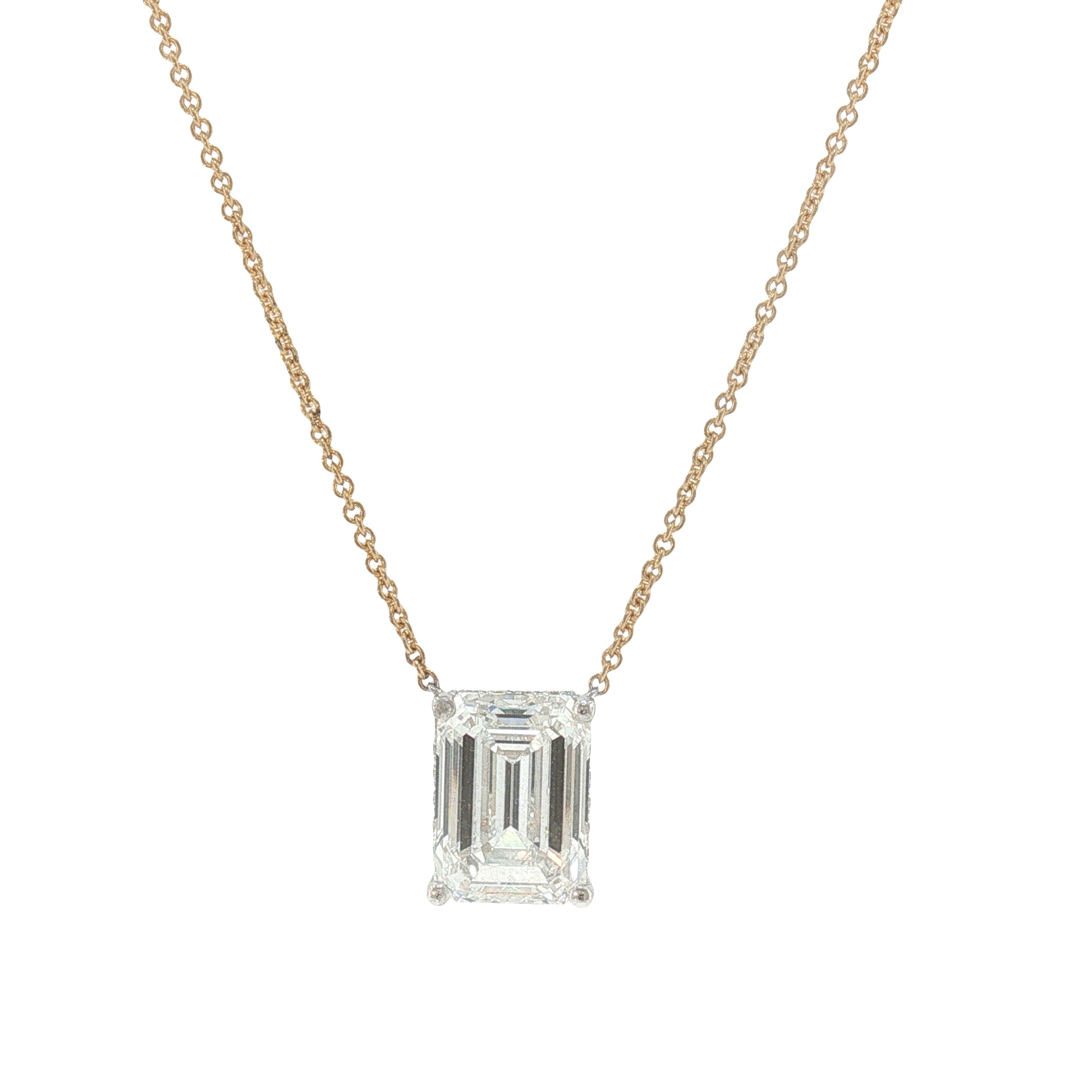 5.04 CT Emerald-Cut Lab-Grown Diamond Hidden Halo Pendant in 18K White & Yellow Gold