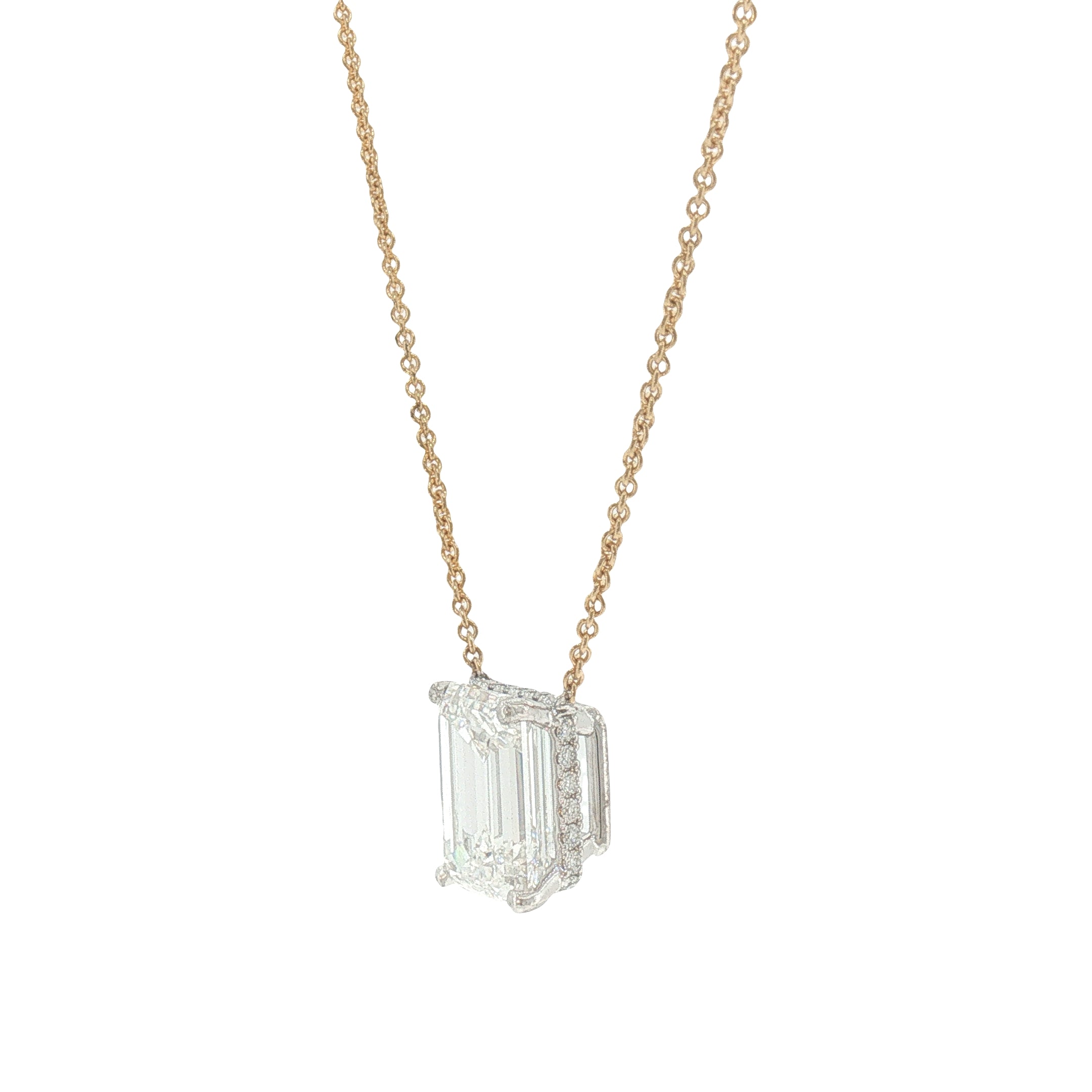 5.04 CT Emerald-Cut Lab-Grown Diamond Hidden Halo Pendant in 18K White & Yellow Gold-Bijoux Village Fine Jewellers