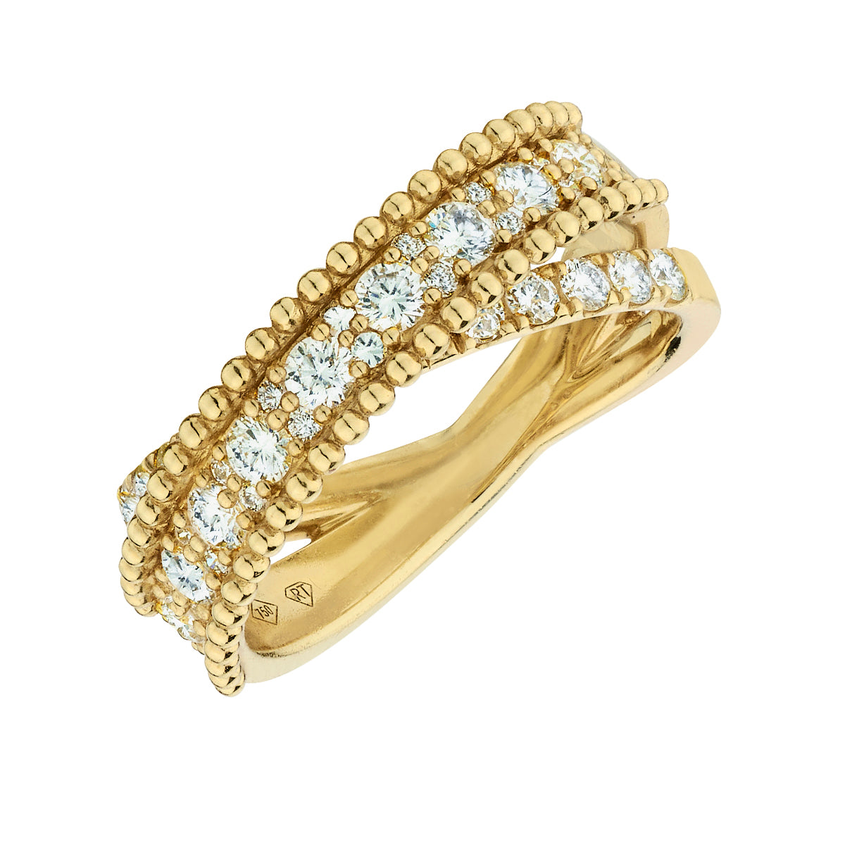 Yellow Gold Beaded Crossover Diamond Ring-18 Karat-Bijoux Village Fine Jewellers