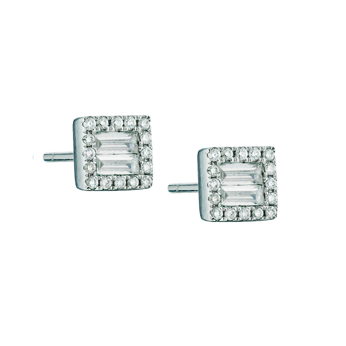 White Gold Baguette & Round Diamond Halo Stud Earrings-White Gold-Bijoux Village Fine Jewellers