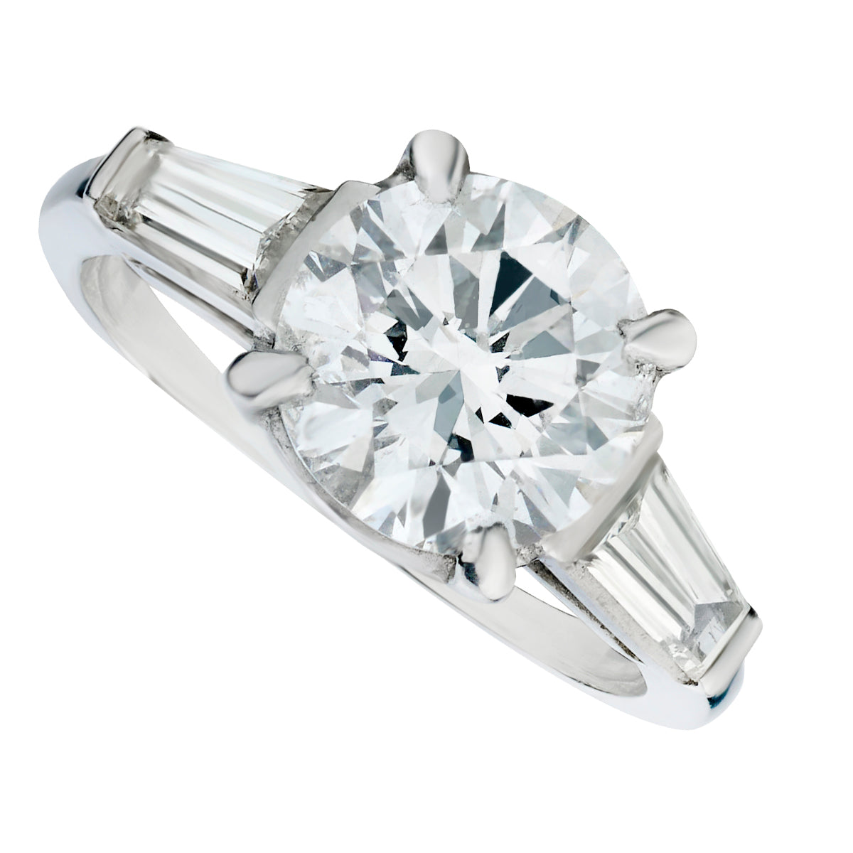 Platinum Round & Tapered Baguette Diamond Ring-Platinum-Bijoux Village Fine Jewellers