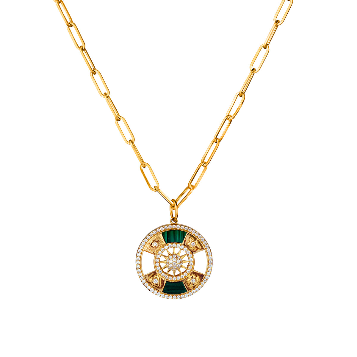 Diamond and Malachite Compass Medallion Pendant and Chain-Bijoux Village Fine Jewellers
