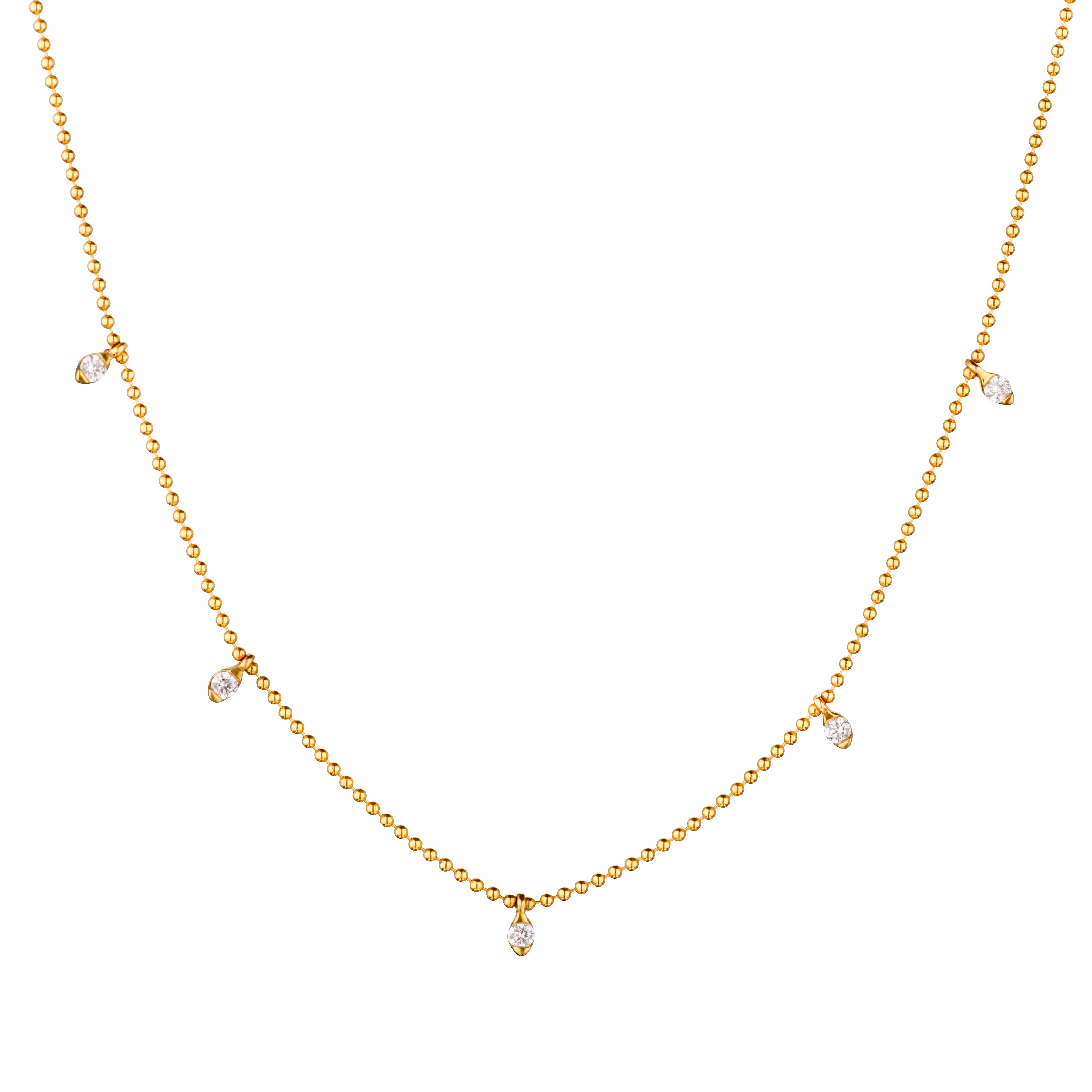 Yellow Gold Beaded Chain with Round Brilliant Cut Diamond Drops-Bijoux Village Fine Jewellers