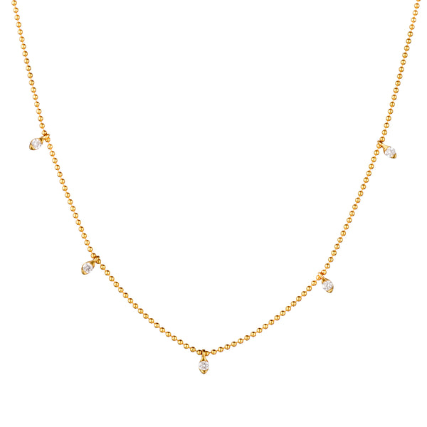Yellow Gold Beaded Chain with Round Brilliant Cut Diamond Drops-Bijoux Village Fine Jewellers