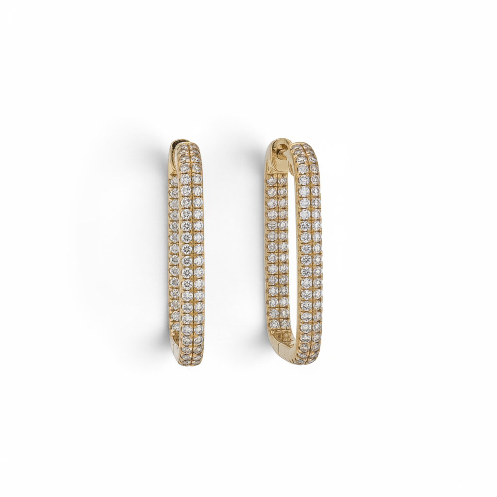 Bijoux Village Fine Jewellers 18K yellow gold paperclip huggie hoop earrings with pavé-set natural diamonds.