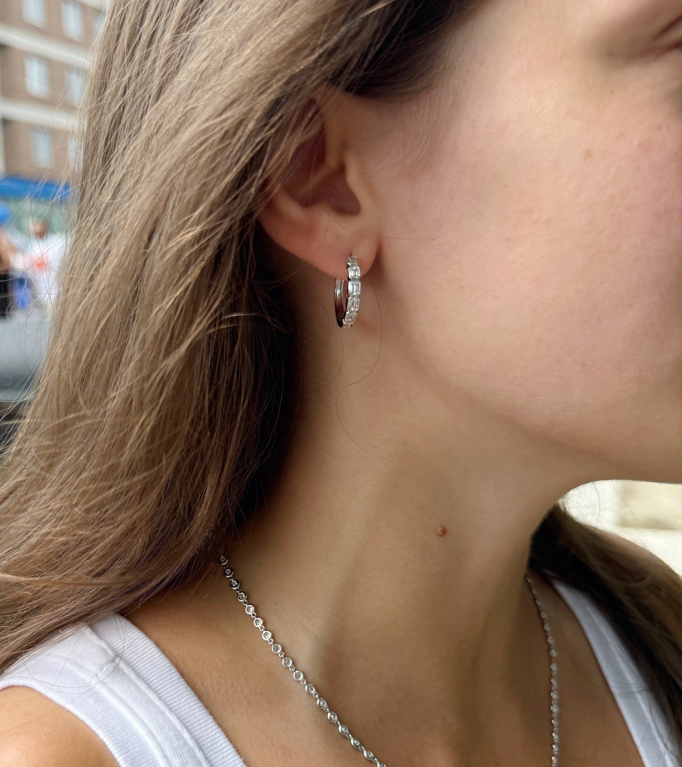 Emerald-Cut Diamond Huggie Earrings in 18K White Gold-Bijoux Village Fine Jewellers