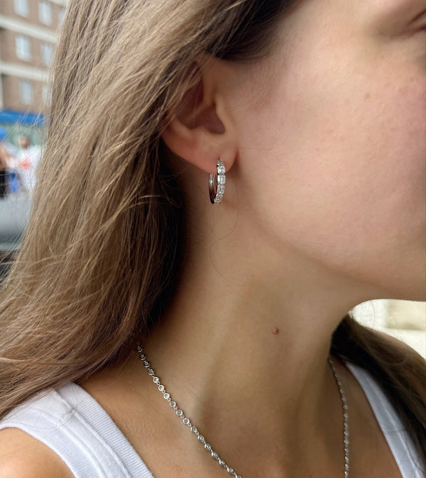 Emerald-Cut Diamond Huggie Earrings in 18K White Gold-Bijoux Village Fine Jewellers