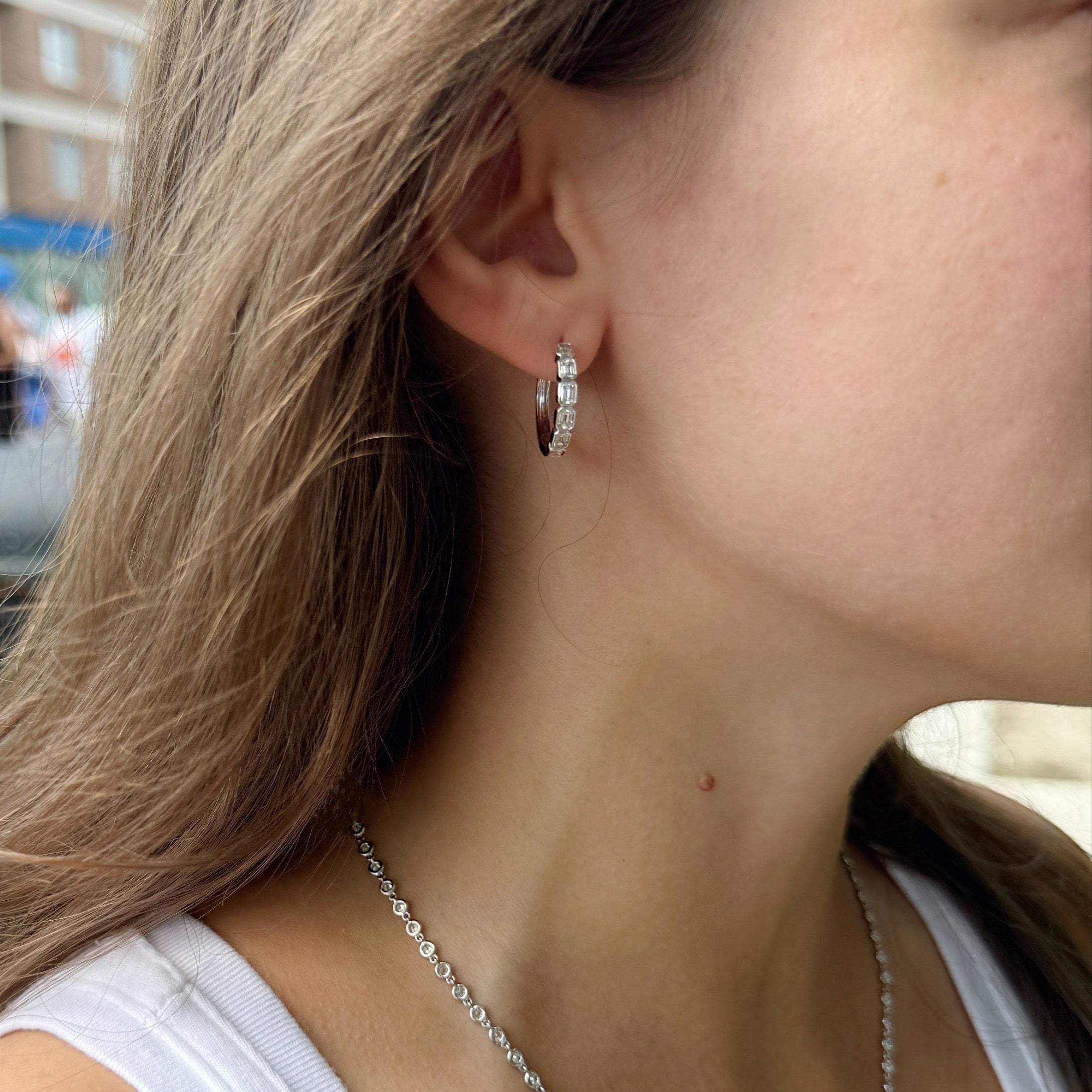 Emerald-Cut Diamond Huggie Earrings in 18K White Gold-Bijoux Village Fine Jewellers