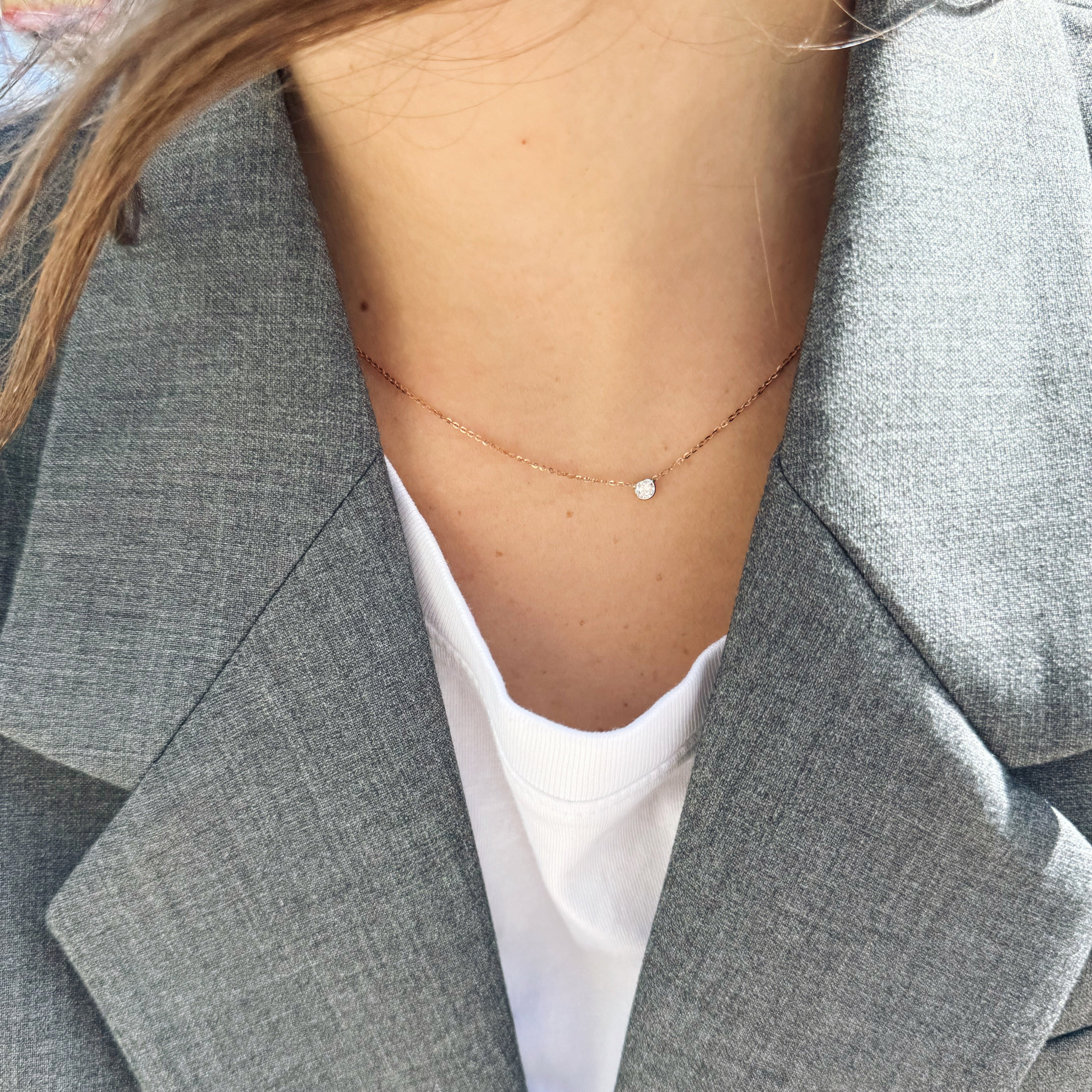 Rose Gold Chain with White Gold Bezel Set Diamond Pendant-Bijoux Village Fine Jewellers