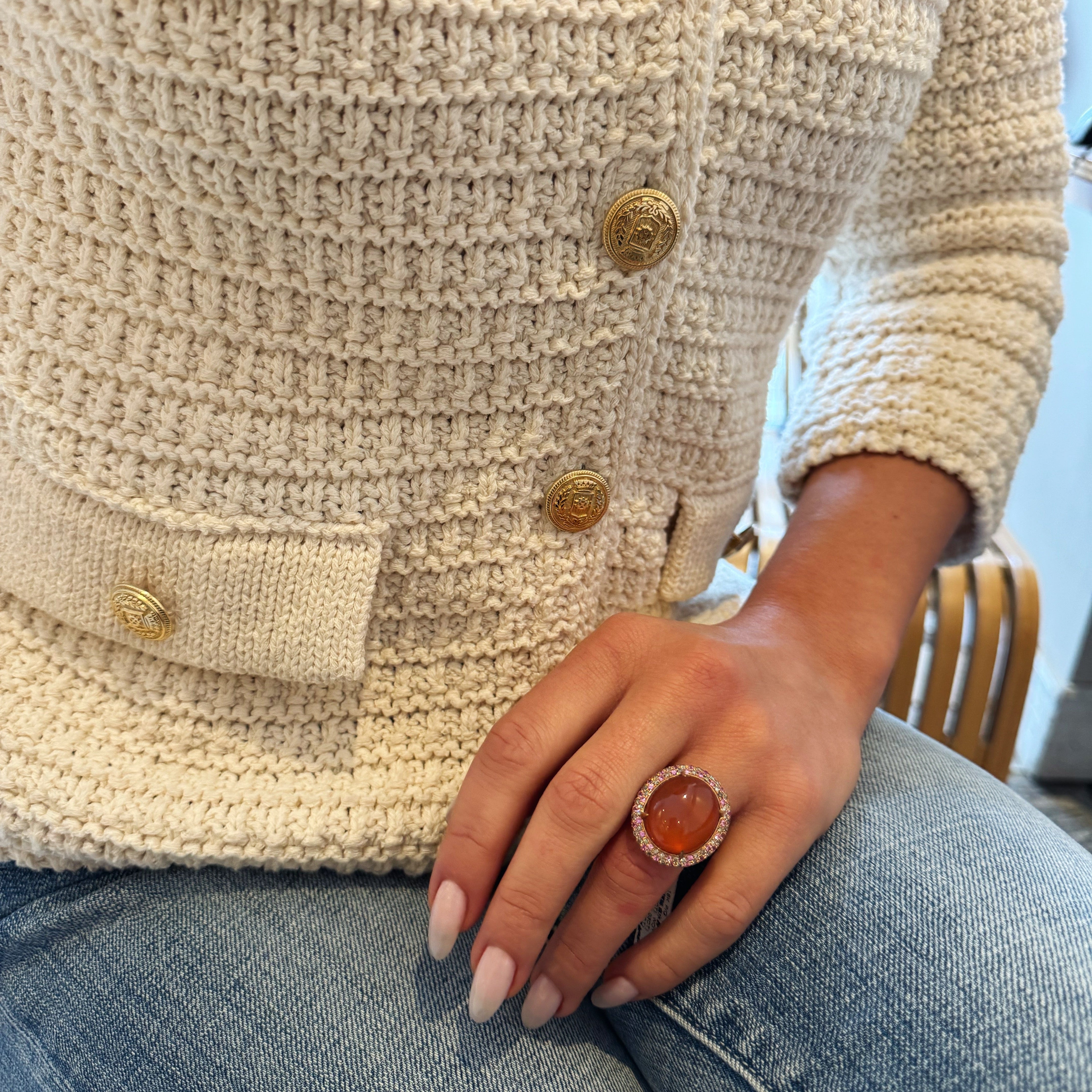 Oval Cabochon Carnelian Ring with Pink & Green Pave Set Tourmalines in Rose Gold-18 Karat-Bijoux Village Fine Jewellers