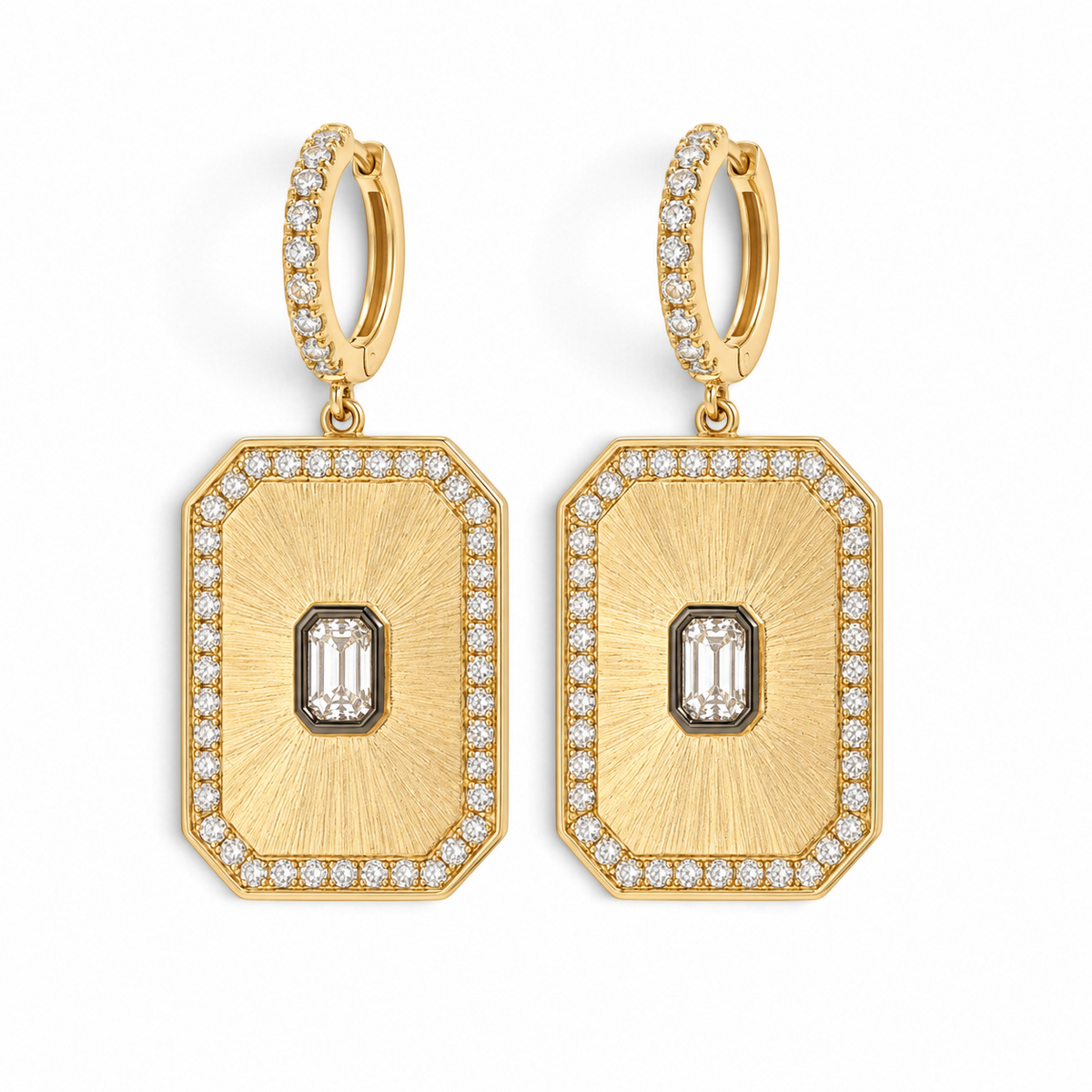 Bijoux Village Fine Jewellers 14K yellow gold huggie drop earrings with geometric textured gold and diamond accents.